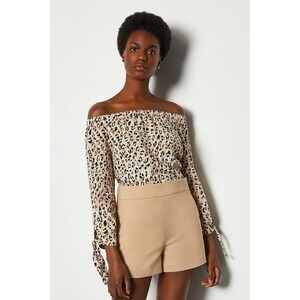Karen Millen Off the Shoulder Bardot Top Linen Blend Tie Sleeve‎ Size 8